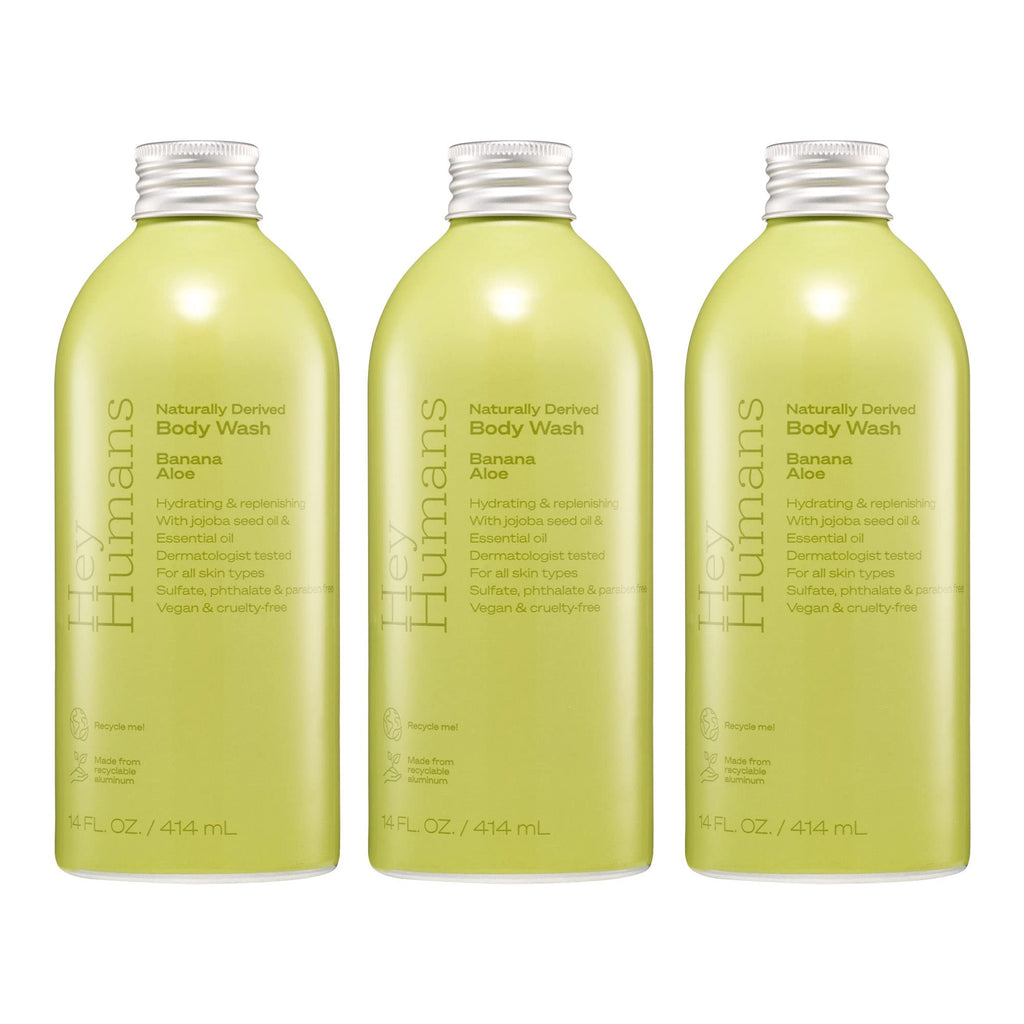Hey Humans Banana Aloe Moisturizing Body Wash with Natural Ingredients & Jojoba Oil | Clean Vegan Sulfate Free Bath & Body Wash for Women & Men | Recyclable Bottle 14 fl. oz. - Pack of 3