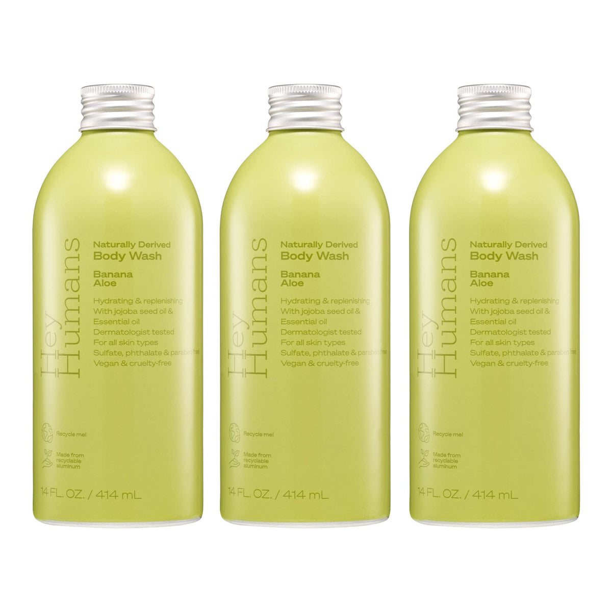 Hey Humans Banana Aloe Moisturizing Body Wash with Natural Ingredients & Jojoba Oil | Clean Vegan Sulfate Free Bath & Body Wash for Women & Men | Recyclable Bottle 14 fl. oz. - Pack of 3